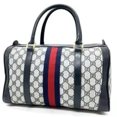 【美品】グッチ ミニボストンバッグ GG シェリーライン PVC ネイビー