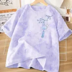 タイダイ・花と風鈴柄半袖Tシャツ パープル 綿100% XL〜2XL詳細寸法あり