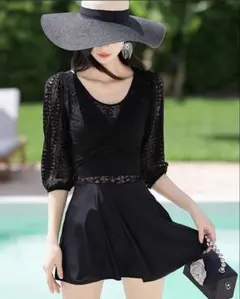 【新品】黒 レース袖 フレアスカート水着