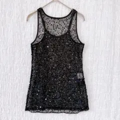 4160 MURUA スパンコール　タンクトップ　黒　衣装　個性的　涼しげ透け感のサムネイル