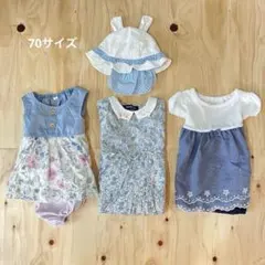 花柄ロンパース カバーオール70サイズ 帽子4点セット ブルー 半袖 ベビー服