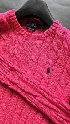 POLO Ralph Lauren ピンクケーブルニットXS ネイビー刺繍ラルフ