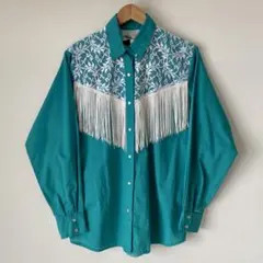 【値下げ】レース フリンジ ウエスタンシャツ 70s ターコイズのサムネイル