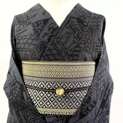 夏着物　紗紬　正絹 紬 着物 裂取り御所模様 藍色系　夏　レトロのサムネイル