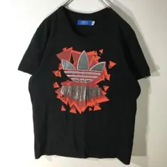 【個性派古着】アディダス　半袖デザインTシャツ　ロゴ入り　黒　オレンジ　メンズM