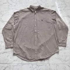 【美品】ポロ ラルフローレン 長袖シャツ ストライプ 白×茶色 刺繍ロゴ XL