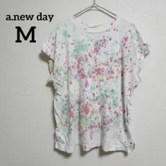 a.new day 【M】 スプラッターカラフルTシャツ　タイダイ　ホワイト