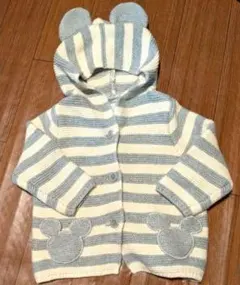 ミッキー耳付き カーディガン 6-12ヶ月 ベビー　白　グレー　ボーダー　70