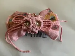 花飾り付きピンクリボン髪飾り
