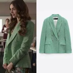 ZARA グリーンチェック ダブルブレストジャケット