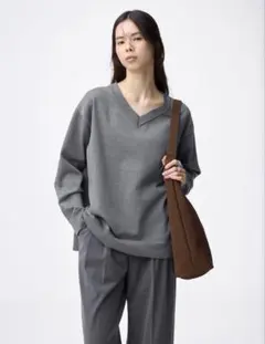 【新品】GU オーバーサイズVネックニットプルオーバーZ グレー