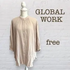 グローバルワーク/フレンチリネンコンバンドシャツ/ギャザーブラウス/七分袖シャツ