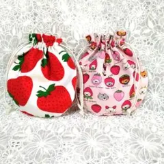 ハンドメイド巾着セット※いちご※猫いちご&ジャム※裏地あり※可愛い♡