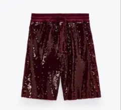 新品　ZARA L スパンコール トレンド ボルドー ゆったり ハーフパンツ
