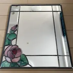 ステンドグラス　バラ　鏡　壁掛け　工芸品民芸品　昭和　レトロ￼アンティーク￼￼￼
