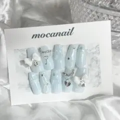 【現品】ネイルチップ 量産型 ワンホン 韓国 水色 スナ系 リボン レース