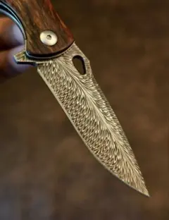 天使の羽根　フェザーダマスカス　ダマスカスパターンナイフ 折り畳みナイフ 釣り