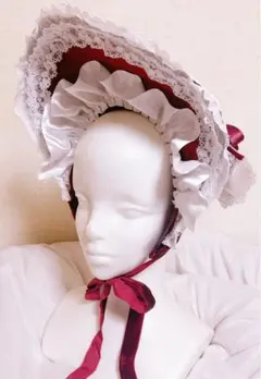 ボンネット ヘッドドレス ロリィタ ハンドメイド 赤 ワインレッド ゴスロリ