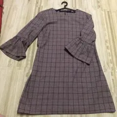ZARA WOMAN チェック柄 フレアスリーブ チュニック L