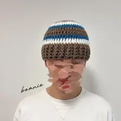 ボーダー ビーニー　ニット帽　手編み　一点もの