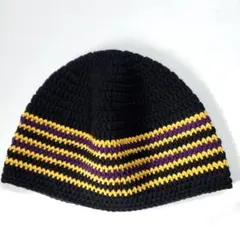 ビーニー　クロシェハット　クラッシャーハット　ニット帽　黒×黄×紫