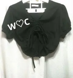W♡C半袖 クロップドドロストギャザートップス　ブラックのサムネイル