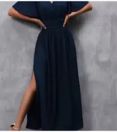 ネイビー XL スリット入りマキシドレス