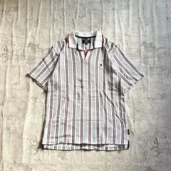 半袖ポロシャツ ストライプ M ホワイト カジュアル 開襟 ロゴ刺繍 シンプル