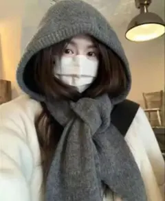 バラクラバ フード付き マフラー フード 暖かい スヌード 無地 グレー 防寒