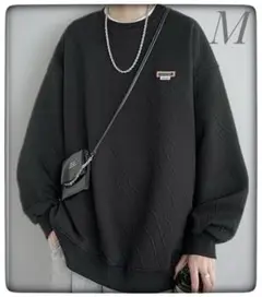 メンズ トレーナー Mサイズ ビッグシルエット 裏起毛◆おしゃれロゴ入りブラック