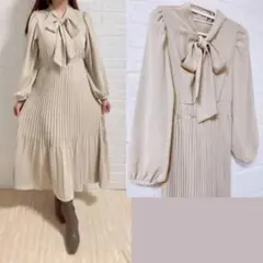 GRL ボウタイプリーツフレアワンピース　オフベージュ　Mサイズ