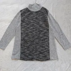 グレー タートルネック ニット 長袖 ツイード 切り替え プルオーバー M