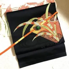 SALE❤️ヴィンテージ 正絹　名古屋帯　黒に金扇と草花の＋帯締め帯揚げセット