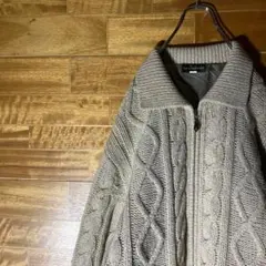 80s フィッシャーマンニット 手編みケーブル編み フルジップニット 