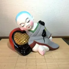 【デッドストック・箱付】居眠小僧 置物 木魚 一休さん ねずみ 陶器 昭和レトロ