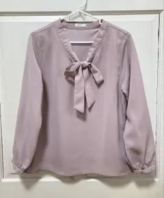 ハニーズ ボウタイブラウス りぼん8分袖 Lサイズ　　くすみカラーピンクＶネック