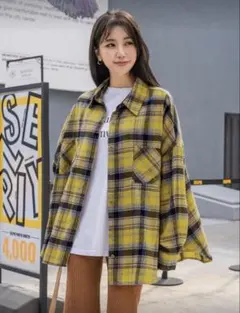 イエロー・ネイビー チェック オーバーサイズシャツ