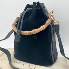 希少 GUCCI ショルダー ハンドバッグ バンブー 2Way 巾着 レザー 黒のサムネイル