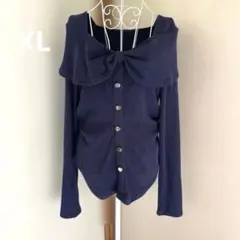 着用１回のみ オフショル リブニット トップス ネイビー XL フロントボタン