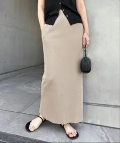 andme セルフカットリブロングタイトスカート　グレイッシュベージュ