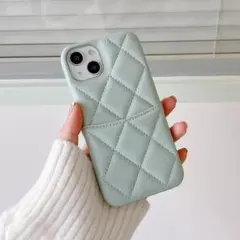 韓国♡キルティングレザー ♡ アイスグリーン iPhoneケース　カード入れ付き