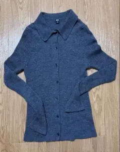 ユニクロ　エクストラファインメリノリブポロカーディガン　グレー 長袖　L