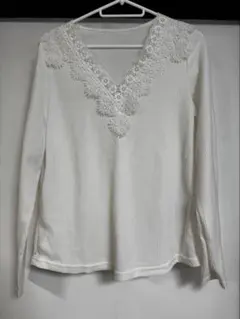 SHEIN ホワイト レース付きVネック Tシャツ S