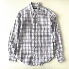 美品　SHIPS チェック　リネンシャツ　イタリアンカラー　麻　slimfit
