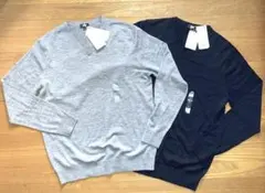 新品　エクストラファインメリノ　Vネックセーター　メンズL 2枚　紺　グレー