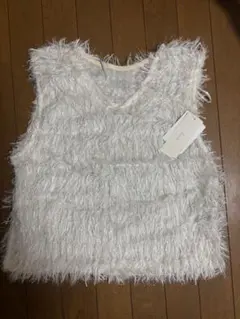 アイボリー フリンジ Vネック ニットベスト M