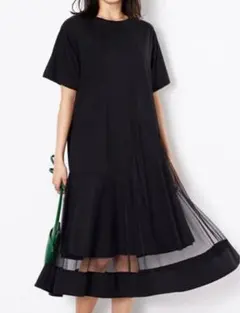 【Ｌａｇｒｉｌｕａ】裾チュール切替ロング丈ワンピース　ブラック　LLのサムネイル