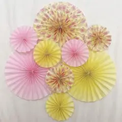 128. ペーパーファン 9点セット 桜柄 ピンク 黄色