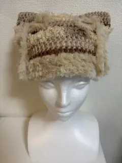 猫耳ニット帽 編み物 手編み ハンドメイド ブラウン×ベージュ