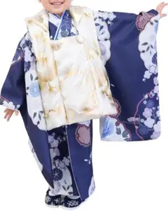 アンティーク着物セット♡七五三 3歳 男の子 被布 レトロ 鶴 青 - メルカリ